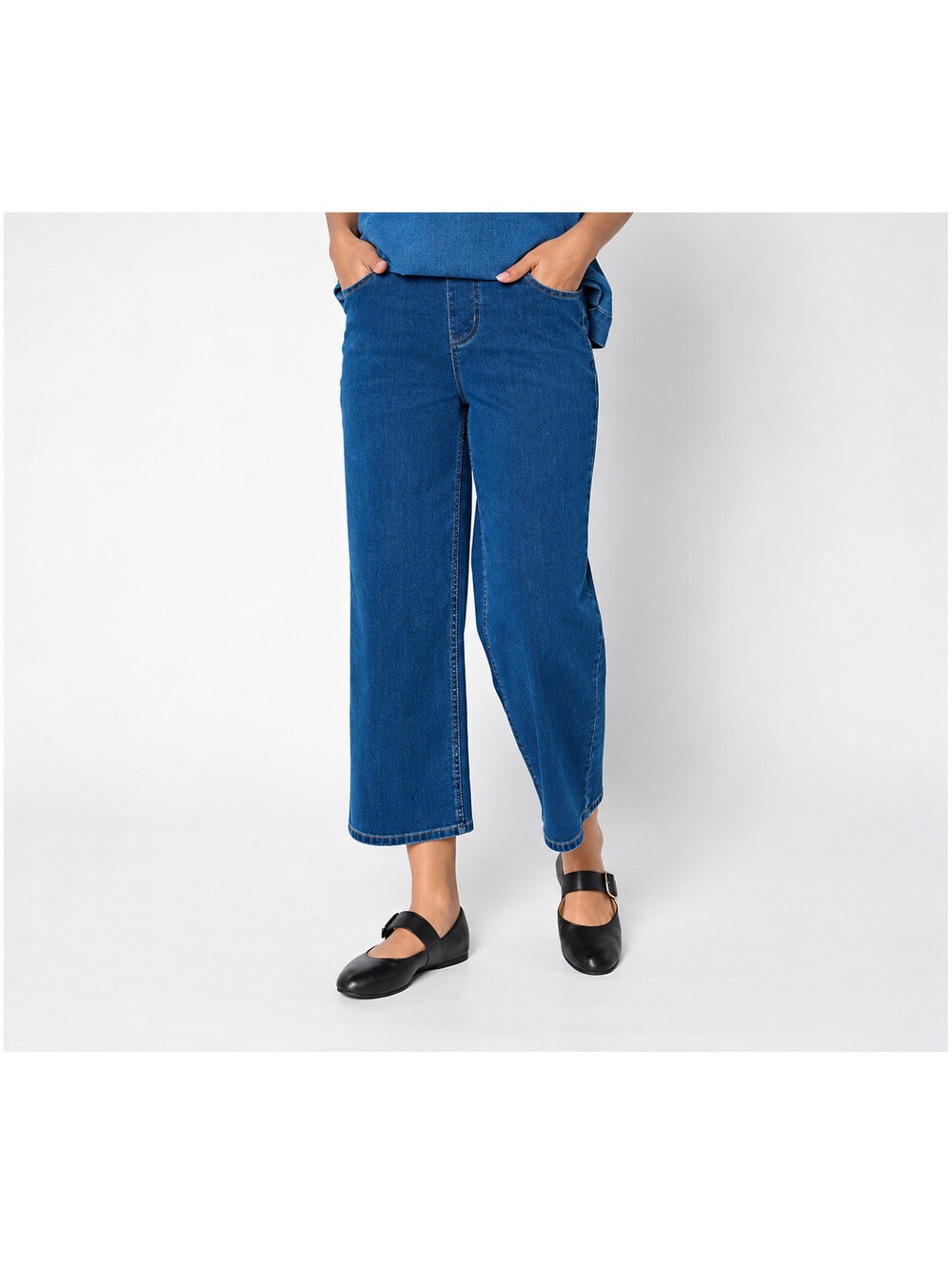 Denim & Co. Comfy Knit Air Wide Leg Crop Pants Deep Indigo Petite Size X-Large